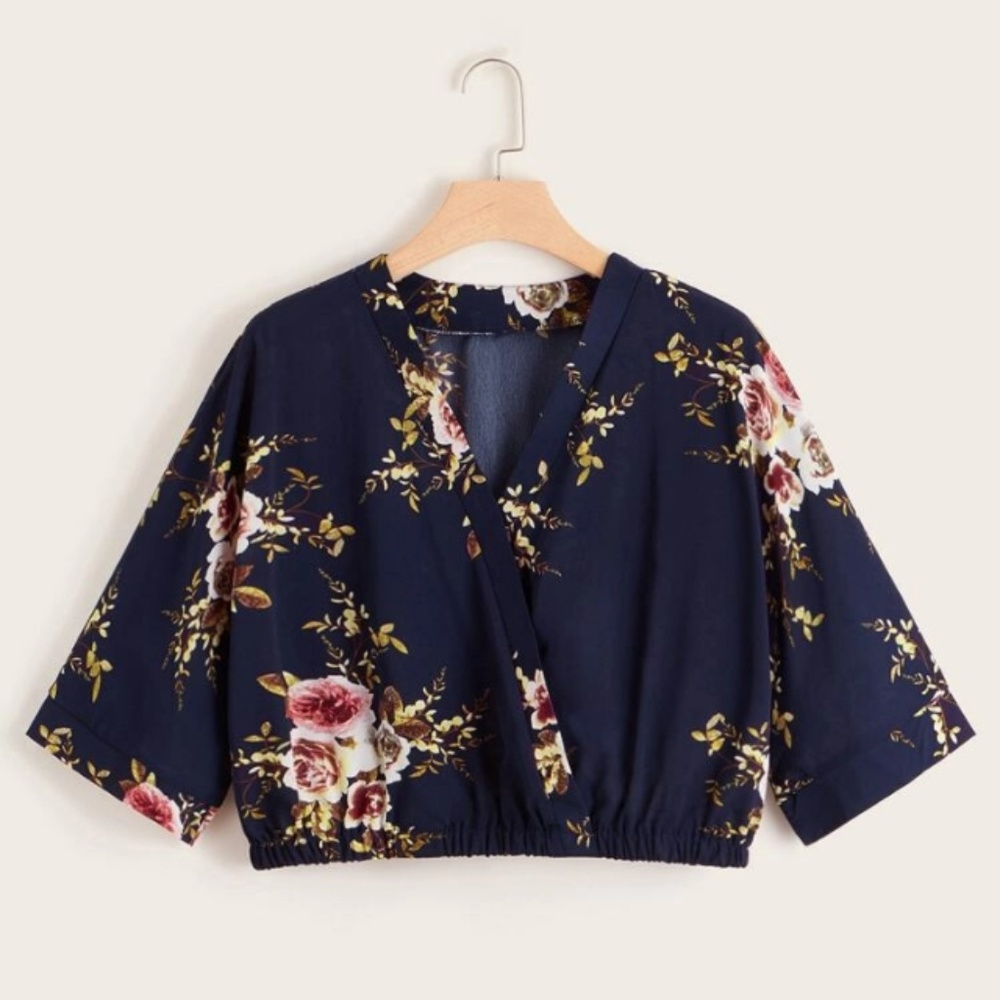 Navy Blue Floral Print Blouse